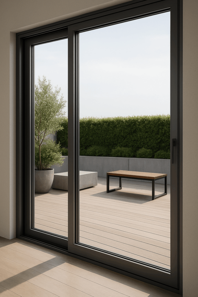 Ventanal corredero de aluminio con salida a terraza exterior, diseño moderno y acabados premium