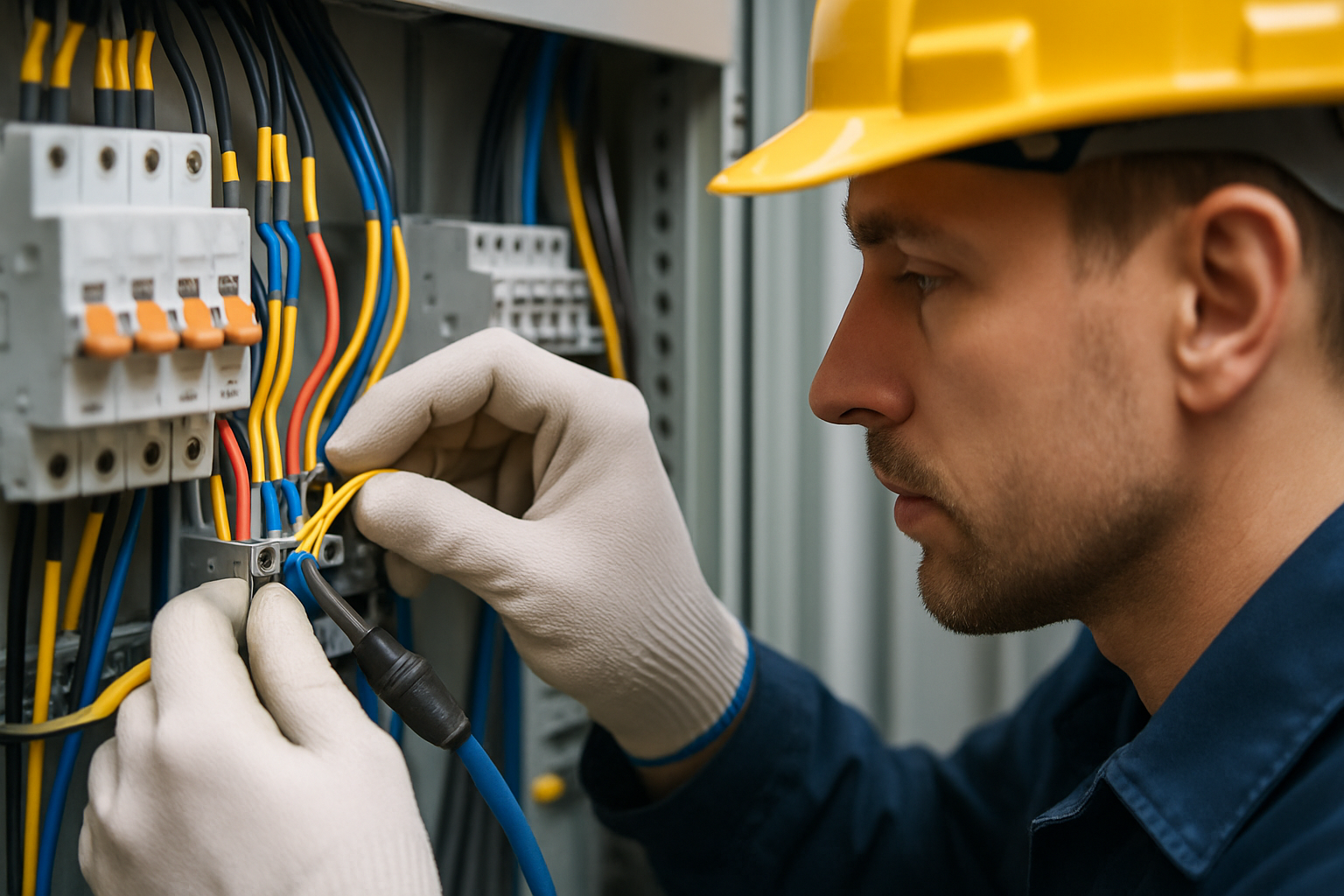 Técnico industrial con casco y guantes revisando cableado eléctrico en cuadro de control