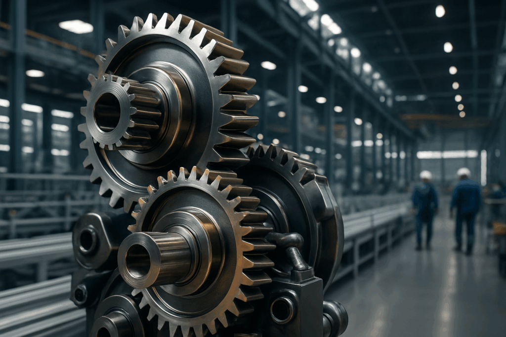 Engranajes metálicos en nave industrial, mantenimiento mecánico y precisión técnica