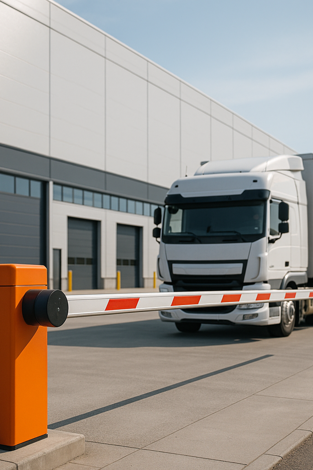 Barrera automática para automatismos industriales en acceso a nave logística.