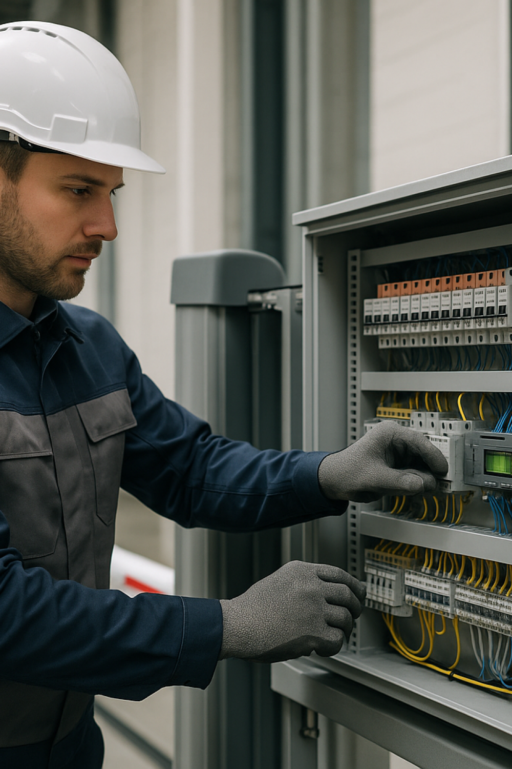 Técnico realizando el mantenimiento eléctrico en el cuadro de control de automatismos industriales y residenciales.