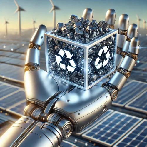 Mano robótica futurista y cubo de reciclaje metálico, simbolizando la sostenibilidad y el futuro de las estructuras metálicas industriales.